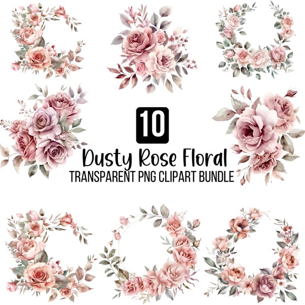 Dusty Rose Floral Clipart Png, Watercolor Roses Clipart, Blush Floral Watercolor, Blossom Floral Png, Blush Flowers, Wedding Clipart Bundle