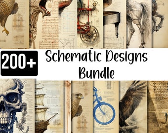 May include: A collection of vintage-style schematic designs. The image features a variety of illustrations, including animals, machinery, and architectural elements. The text reads "200+ Schematic Designs Bundle". The designs are on aged paper with a sepia tone.
