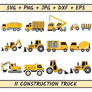 Puede incluir: Un conjunto de 11 vehículos de construcción amarillos, que incluyen una mezcladora de cemento, un camión volquete, una grúa, una excavadora, una excavadora y un tractor. Los vehículos son todos ilustraciones de estilo de dibujos animados con contornos negros.
