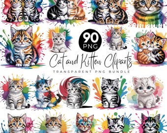 Watercolor Cats Clipart Bundle, Cute Cat PNG, Kitten Clipart, Cat Portrait Sublimation, Watercolor Cat , Cat Graphics, Transparent PNG