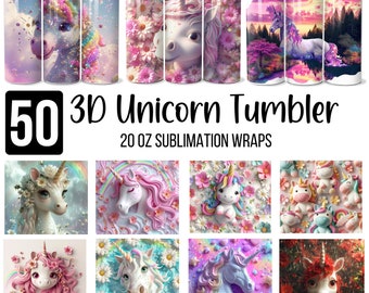 May include: 50 3D Unicorn Tumbler 20 oz Sublimation Wraps. A set of sublimation wraps featuring colorful unicorn designs with flowers, rainbows, and stars.