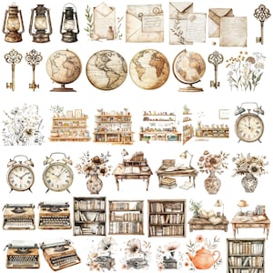 May include: A collection of vintage-inspired watercolor illustrations featuring globes, lanterns, keys, books, typewriters, clocks, and floral arrangements. The illustrations are in shades of brown, beige, and white, with a vintage aesthetic.