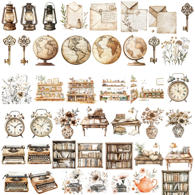 May include: A collection of vintage-inspired watercolor illustrations featuring globes, lanterns, keys, books, typewriters, clocks, and floral arrangements. The illustrations are in shades of brown, beige, and white, with a vintage aesthetic.