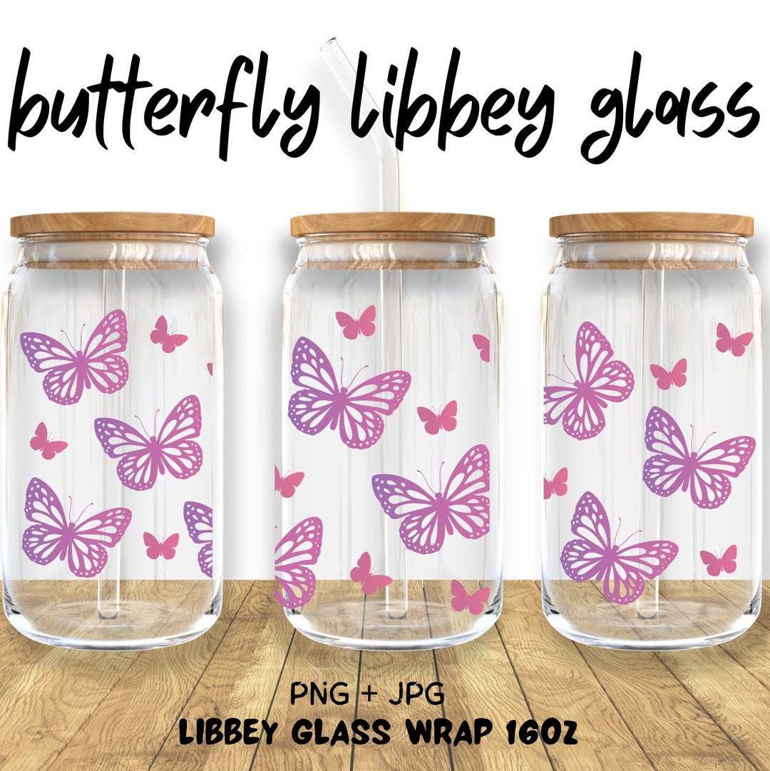 16oz Butterfly Libbey Glass Can Png, Glass Can Full Wrap Png ...