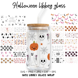 Halloween Glass Can Wrap Svg, 16oz Libbey Glass Can, Spooky, Ghost Glass Wrap, Halloween Cup Wrap, Digital Download, SVG PNG File for Cricut