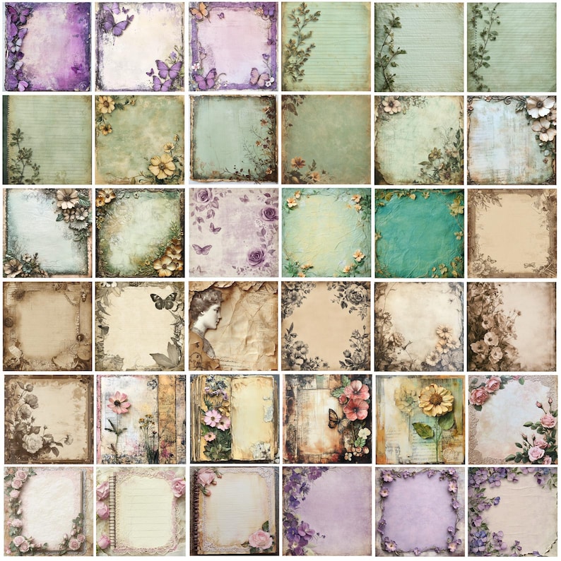 May include: A collection of vintage-style scrapbook paper squares. Each square features a unique design with floral, butterfly, and botanical elements in soft pastel colors. Some have lined paper, while others have aged textures.