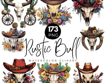173 Rustic Bull Skull Clipart Bundle, Floral Cow Skull Png, Western Boho Sublimation Graphics,Bull Head PNG Clipart,Skull with Sunflower PNG