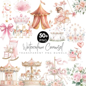 Akvarell rosa karusell clipart-paket, nyckfull hästbarnrumsdekor, rosa älvor, blommig babyshower, pastell födelsedag png, direkt nedladdning