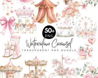 May include: A collection of watercolor illustrations featuring carousel horses, circus tents, a Ferris wheel, and other carnival-themed elements. The text "Watercolour Carousel" and "50+ PNG" are also included.