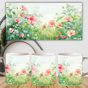 Wildflowers Mug Sublimation Designs, Watercolor Floral 15oz Mug Wraps ...