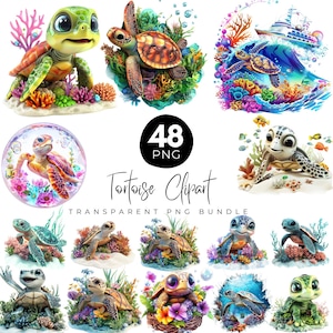 Puede incluir: Una colección de 12 imágenes prediseñadas de tortugas coloridas. Las imágenes presentan varias tortugas en diferentes poses, rodeadas de corales, flores y escenas submarinas. También se incluye el texto "48 PNG" y "Tortoise Clipart".