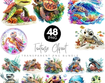 48 Tortoises Clipart Bundle, Cute Illustrated Tortoises PNG,Watercolor Tortoises png, Turtle Clipart,Turtle design, Baby Nursery Clipart