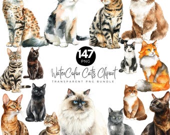 147 WaterColor Cats Clipart Bundle, Cute Cat PNG, Kitten Graphics, Cat Illustrations,Cute Cat PNG Portrait Sublimation Print,Transparent PNG