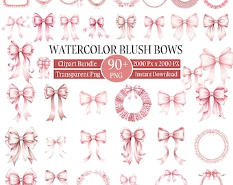 100+ Watercolor Blush Bows Clipart PNG Bundle , Pink Coquette Ribbon Set, Feminine Pastel Bow Graphics, Aesthetic  Images,Digital Download