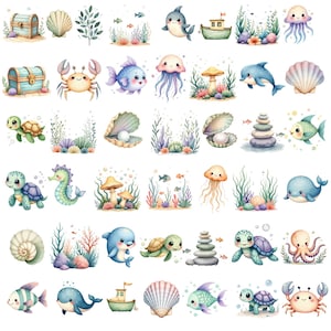 May include: Watercolor illustrations of various sea creatures and ocean elements. The image features a treasure chest, seashells, a crab, a dolphin, a jellyfish, a turtle, a seahorse, and a boat. The color palette includes blues, greens, and yellows.
