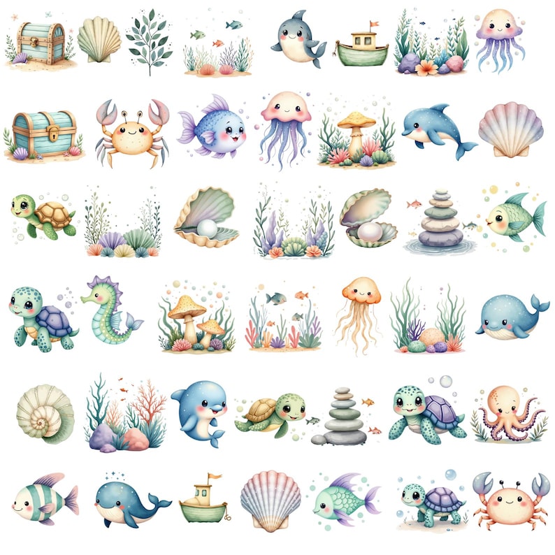 May include: Watercolor illustrations of various sea creatures and ocean elements. The image features a treasure chest, seashells, a crab, a dolphin, a jellyfish, a turtle, a seahorse, and a boat. The color palette includes blues, greens, and yellows.