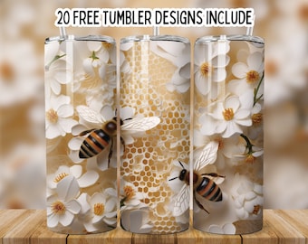 3D Bee Honeycomb 20oz Skinny Tumbler Design, Bee And Flower Sublimation Design PNG, Honey Bee Tumbler Wrap, Straight Skinny Tumbler Wrap