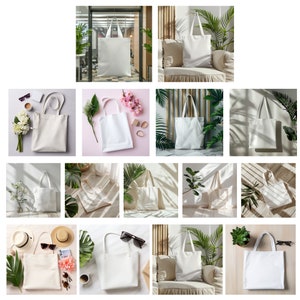K&ouml;nnte beinhalten: Eine Sammlung von 12 wei&szlig;en Tragetaschen, die in verschiedenen Umgebungen pr&auml;sentiert werden, darunter ein Heimb&uuml;ro, ein Wohnzimmer und ein Schlafzimmer. Die Taschen sind aus Canvas gefertigt und haben ein schlichtes Design.