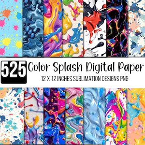 Op de afbeelding: Een verzameling kleurrijke digitale papieren met levendige verfspatontwerpen. De papieren bevatten een verscheidenheid aan kleuren en patronen, waaronder blauw, geel, roze en paars. De tekst "525 Color Splash Digital Paper" wordt weergegeven, elk papier meet 30,48 x 30,48 cm.