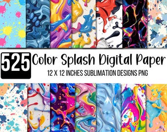 525 Color Splash Digital Paper, Ink Splash PNG Bundle, 12x12 Paint Splatter Paper, Abstract Sublimation Designs, Watercolor Splash