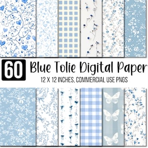 May include: A collection of 60 digital papers with a blue toile design. The papers feature various patterns, including floral, gingham, and butterfly motifs. Each paper measures 12 x 12 inches and is suitable for commercial use.