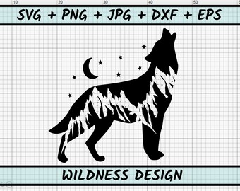 Wolf SVG Howling Wolf Cut File for Cricut, Wolf Silhouette, Mountain svg, Pine trees svg, Wolf in the Woods, Vinyl Decal Svg dxf_SD