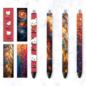 May include: Set of ten pens with different designs. The designs include a cartoon cat, a galaxy, a colorful abstract design, and a design with water droplets. The pens are black with a silver clip.