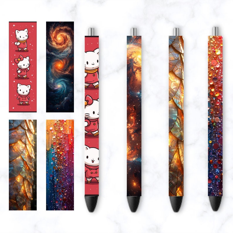 May include: Set of ten pens with different designs. The designs include a cartoon cat, a galaxy, a colorful abstract design, and a design with water droplets. The pens are black with a silver clip.