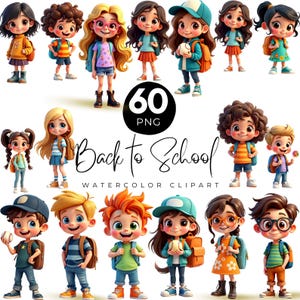 May include: Watercolor clipart set featuring 12 cartoon children, each with unique hairstyles and outfits, carrying backpacks and school supplies. The image includes the text "Back to School" and "60 PNG". Perfect for back-to-school projects.