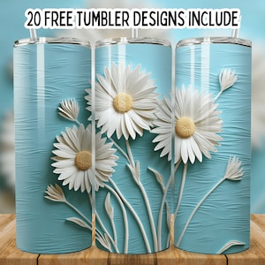 3D White Seamless Daisy Flowers, Straight Sublimation Wrap Design, 20oz Skinny Tumbler Wrap PNG, White Daisy Flower, Tumbler PNG, Template