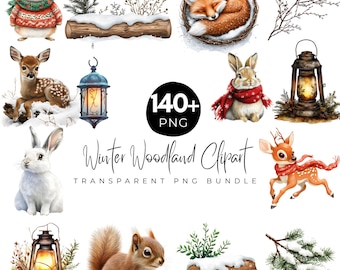 140+ Winter bos dieren clipart png bundel, winter clipart, boho bos aquarel png, bos kerst bundel, digitale download