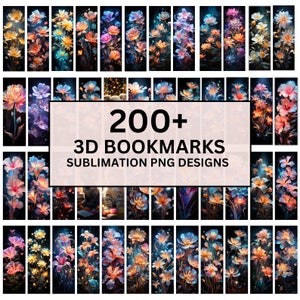 Puede incluir: Más de 200 diseños de marcadores PNG en sublimación 3D. Una colección de diseños digitales con flores coloridas y brillantes sobre un fondo negro. Estos diseños son perfectos para crear marcadores únicos y personalizados.