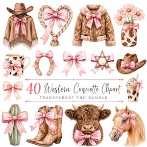 May include: A digital collection of 40 Western-themed illustrations featuring brown cowboy hats, leather jackets, cowhide patterns, horses, highland cattle, cacti, and boots, all accented with soft pink bows and the text 40 Western Coquette Clipart.