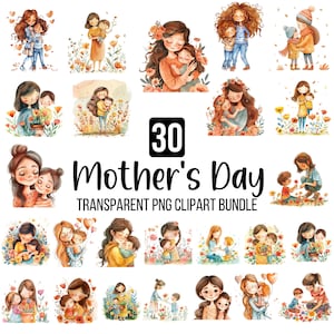 30 Mütter Aquarell Clipart Bundle, Mutter und Kind Png, Muttertag Illustrationen Clipart, Kawaii Mutter und Kind