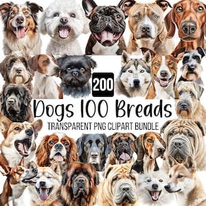 100+ Hunderassen Clipart Bundle, Hund Aufkleber Clipart, süße Hunde PNG, Schäferhund, Französische Bulldogge, süße Hunde Digitale Illustration