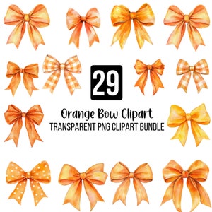 May include: A set of 29 orange watercolour bow clipart images. The bows are in various styles, including solid orange, gingham, and polka dot.