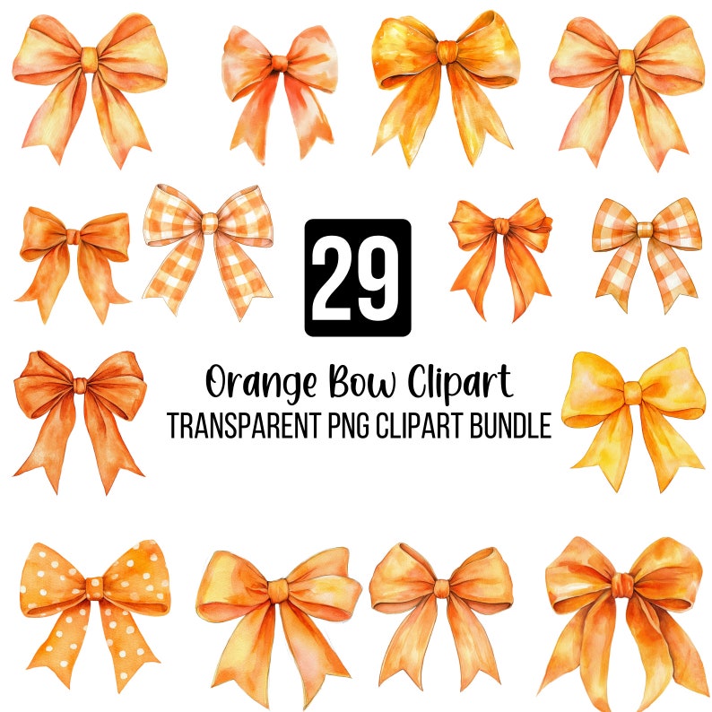 May include: A set of 29 orange watercolour bow clipart images. The bows are in various styles, including solid orange, gingham, and polka dot.