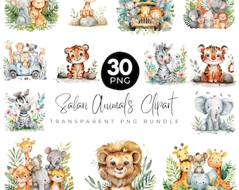 Watercolor Safari Animals Clipart, Safari Animals PNG, Safari Nursery, Jungle Animals, Birthday Elephant Giraffe Monkey, Cute Safari Animals