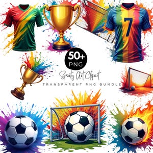 May include: A collection of sports-themed PNG clipart featuring soccer balls, soccer goals, jerseys, and trophies. The clipart includes colorful paint splatters and the text "50+ PNG" and "Sporty Art Clipart - Transparent PNG Bundle".