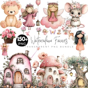 150+ Aquarell Feen Clipart Bundle, Wunderliche Feen PNG, Pilz Haus Clipart, Fantasy Feengarten, Transparente PNG, Magisches Waldland