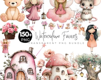150+ akvarell älvclipartpaket, nyckfulla älvor PNG, svamphusclipart, fantasiälvträdgård, transparent PNG, magisk skogsmark