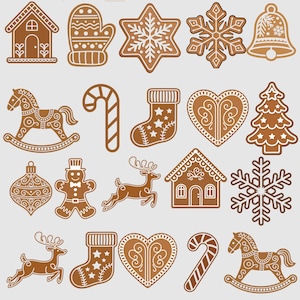 May include: A selection of gingerbread biscuits in festive shapes: a house, mitten, star, snowflake, bell, rocking horse, candy cane, stocking, heart, and Christmas tree. The biscuits are brown with white icing.