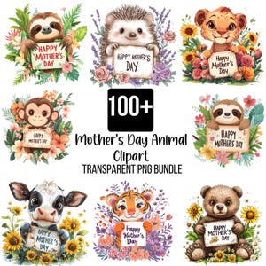 Mais de 100 cliparts de animais fofos, Feliz Dia das Mães PNG, Animais com fundo transparente, Gato fofo, Leão, Panda e mais Pacote para o Dia das Mães