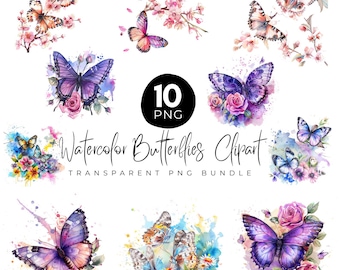 Butterfly Floral Clipart Png Bundle, Colorful Watercooler Butterflies, Watercolor Butterflies, Transparent Background Garden Flowers clipart