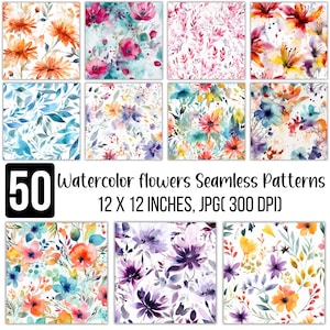 50 Watercolor Seamless patterns Bundle, Watercolor Floral Printable Paper, Flowers Collage Sheets, Watercolor Flower Background