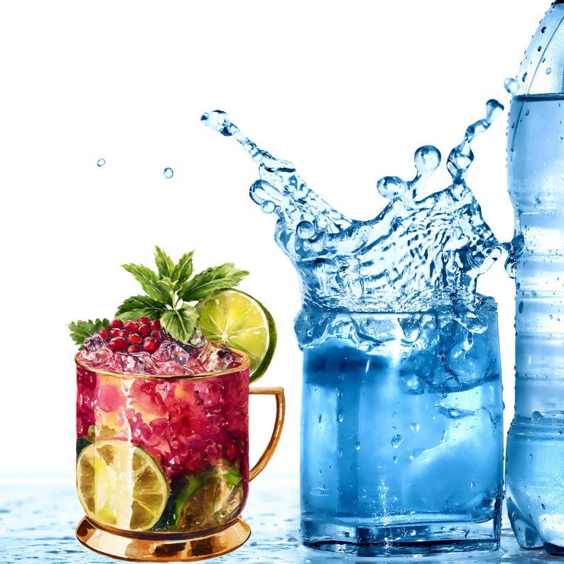 May include: A colourful cocktail with a red tint, garnished with mint, lime, and pomegranate seeds, is in a gold-rimmed glass. A splash of water in a glass and a water bottle are also visible, suggesting a beverage theme.