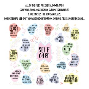 May include: A colourful graphic with the words "Self Care" in the centre. The graphic features a variety of self-care tips and affirmations, including "You are enough", "Just breathe", "Find joy in the little things", and "Celebrate progress, not perfection".