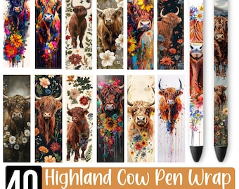 Highland Cows Pen Wraps bundle, Cow Floral Pen Wrap, Floral Highland cow pen wraps, Watercolor Cow Pen Wraps png, Digital Download