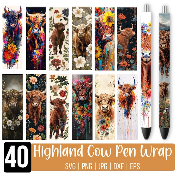 Highland Cows Pen Wraps bundle, Cow Floral Pen Wrap, Floral Highland cow pen wraps, Watercolor Cow Pen Wraps png, Digital Download