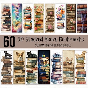 Marque-pages imprimables 60 livres empilés, modèles de marque-page par sublimation, marque-page chien mignon, sublimation pour les amateurs de livres, marque-page imprimable chat